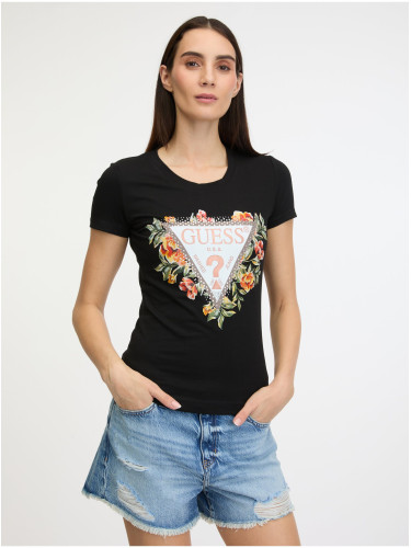 Black women's T-shirt Guess Triangle Flowers - Women