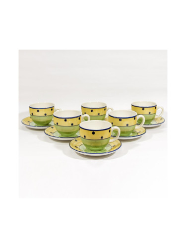 К-кт за кафе 6 бр. керамични чаши с чинийки зелен/жълт