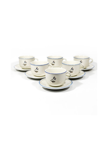 Чаен комплект 6бр. керамични чаши Lucie с чинийки бял с мотив на гъска