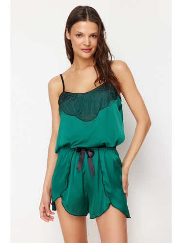 Trendyol Green Tulle Detailed Rope Strap Satin Woven Pajama Set