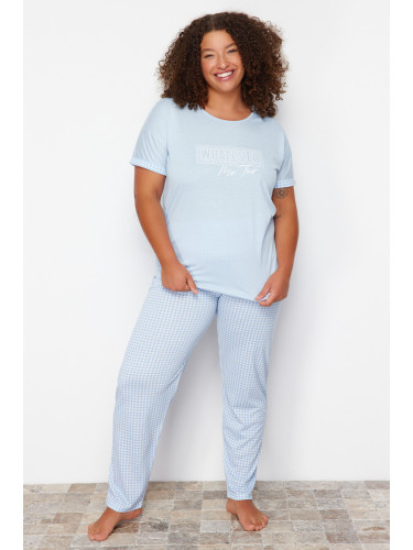 Trendyol Curve Blue Checkered Knitted Pajamas Set