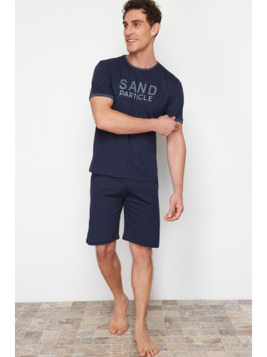 Trendyol Navy Blue Crew Neck Regular Fit Pajama Set with Knitted Shorts