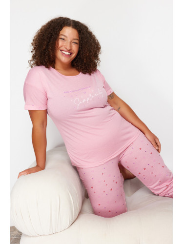 Trendyol Curve Pink Heart Pattern Knitted Pajamas Set
