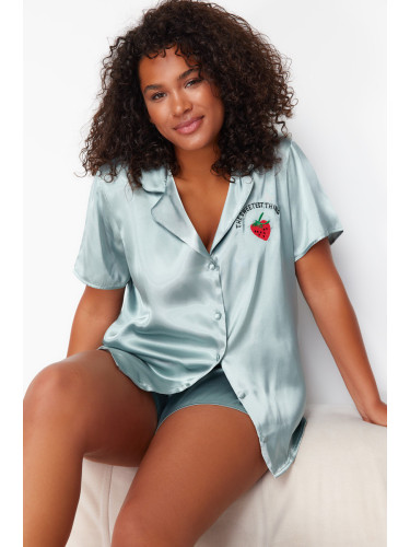 Trendyol Curve Mint Strawberry Embroidered Shirt Collar Satin Pajama Set