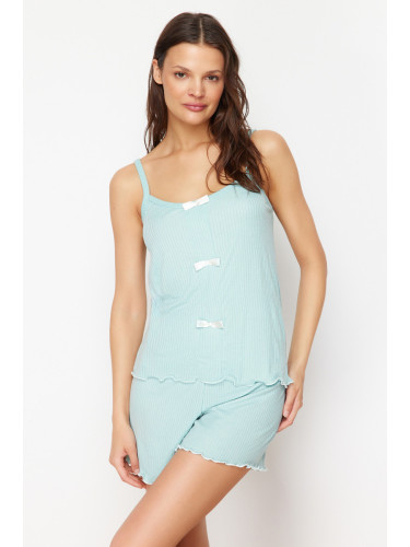 Trendyol Blue Ribbon Detailed Rope Strap Corded Knitted Pajama Set