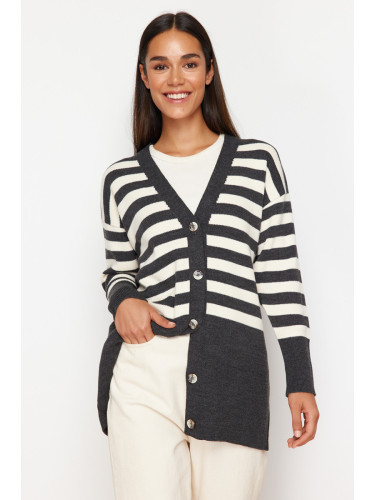 Trendyol Anthracite V-Neck Striped Knitwear Cardigan