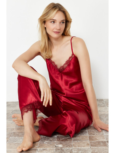 Trendyol Burgundy Satin Woven Pajamas Set