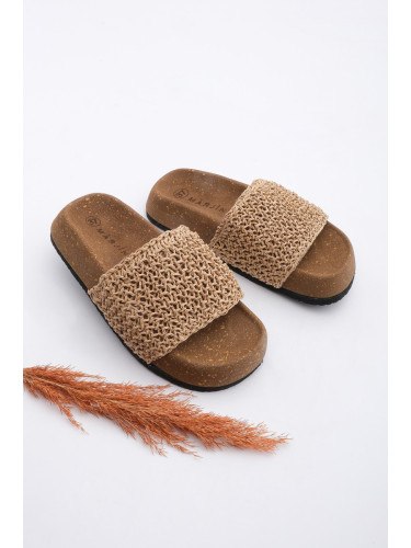 Marjin Women's Hand Knitted Mushroom Pattern Sole Straw Daily Slippers Elesya Natural Straw