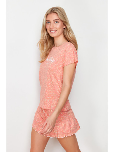 Trendyol Salmon Cotton Polka Dot Tie Detailed Knitted Pajama Set