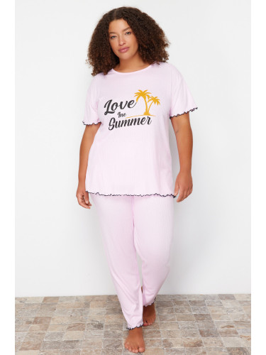 Trendyol Curve Pink Slogan Camisole Knitted Pajamas Set