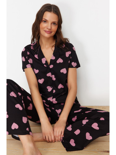 Trendyol Black 100% Cotton Heart Knitted Pajama Set