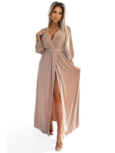 536-2 FIORELLA Long dress with a wide belt and neckline - beige