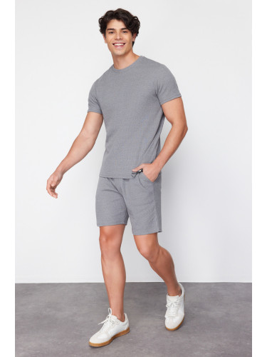 Trendyol Gray Regular Fit Waffle Knitted Pajama Set with Shorts