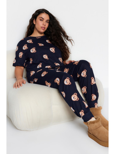 Trendyol Curve Navy Blue Teddy Bear Pattern Knitted Pajamas Set