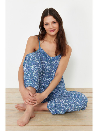 Trendyol Blue 100% Cotton Floral Rope Strap Woven Pajama Set