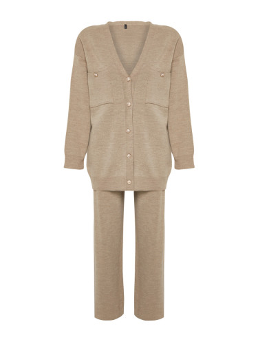 Trendyol Mink Buttoned Cardigan-Pants Knitwear Top-Top Set