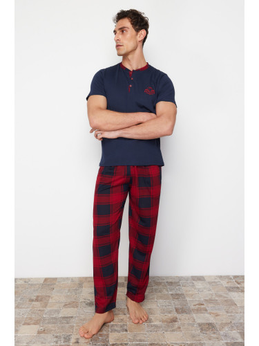 Trendyol Men's Navy Blue Regular Fit Plaid Knitted Pajama Set