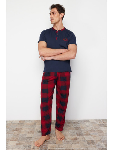 Trendyol Navy Blue Regular Fit Plaid Knitted Pajama Set