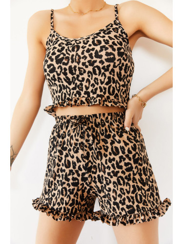 XHAN Beige Leopard Patterned Strap Frilly Pajamas Set