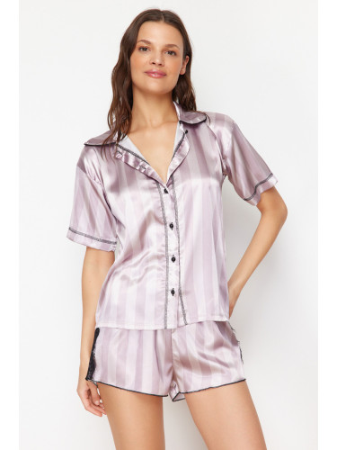 Trendyol Lilac-Multicolor Striped Satin Woven Pajamas Set