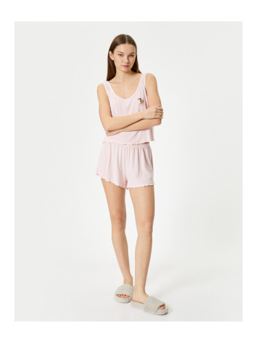 Koton Pajama Set with Shorts, Straps, U-Neck, Embroidered