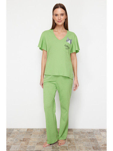 Trendyol Green Cotton Cat Printed Sleeve Flywheel Detailed Knitted Pajamas Set
