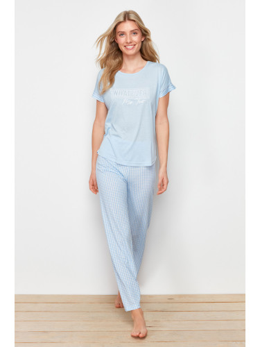 Trendyol Blue Gingham and Slogan Printed Knitted Pajamas Set