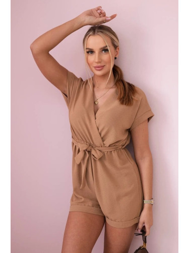 Short jumpsuit with a tie at the waist Camel
