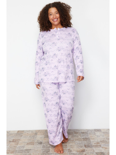 Trendyol Curve Lilac Floral Pattern Knitted Pajamas Set