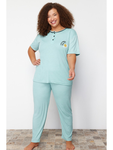 Trendyol Curve Mint Button Detailed Camisole Knitted Pajamas Set