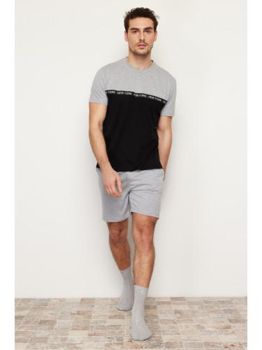 Trendyol Black Gray Color Block Elastic Waist Regular Fit Knitted Shorts Pajamas Set