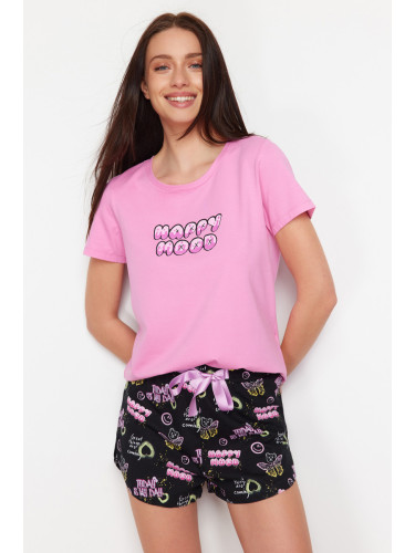 Trendyol Pink-Multicolor Slogan Printed Knitted Pajamas Set