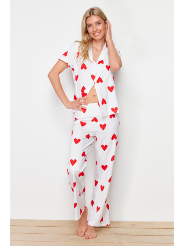 Trendyol White 100% Cotton Heart Knitted Pajamas Set