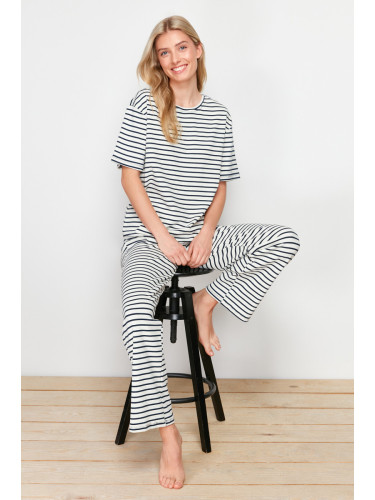 Trendyol Black-White Cotton Striped Ribbed Knitted Pajamas Set