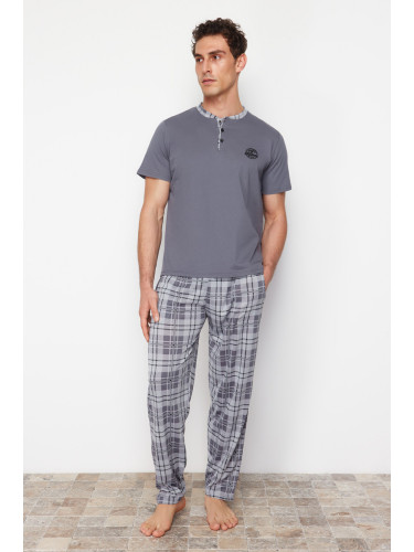 Trendyol Men's Anthracite Regular Fit Plaid Knitted Pajama Set