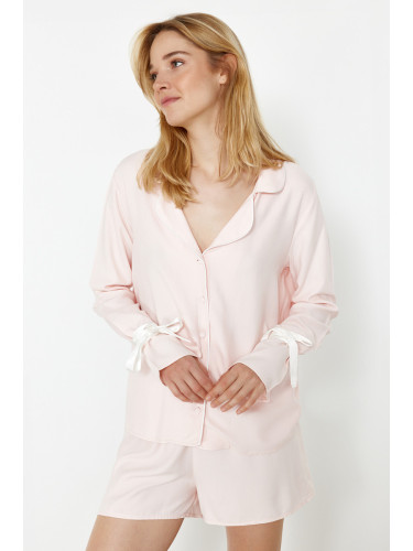 Trendyol Light Pink Viscose Woven Pajamas Set with Lacing and Piping Detail