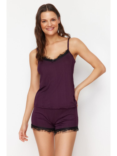 Trendyol Plum Lace Detailed Rope Strap Corded Knitted Pajama Set