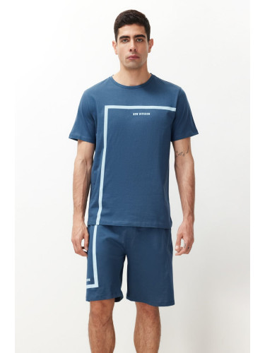 Trendyol Indigo Men's Regular Fit Crew Neck Printed Knitted Pajama Set with Shorts