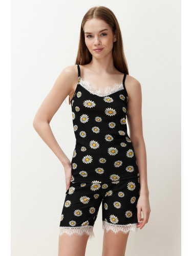 Trendyol Black-Multicolor Daisy Pattern String Strap Knitted Pajama Set