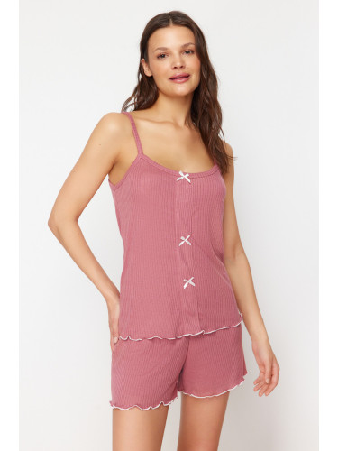 Trendyol Corded Knitted Pajama Set with Dusty Rose Ribbon Detail and Rope Strap