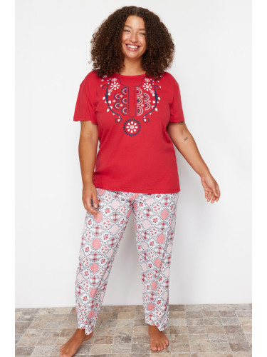 Trendyol Curve Red Geometric Patterned Knitted Pajamas Set