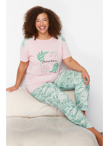 Trendyol Curve Green Floral Pattern Knitted Pajamas Set