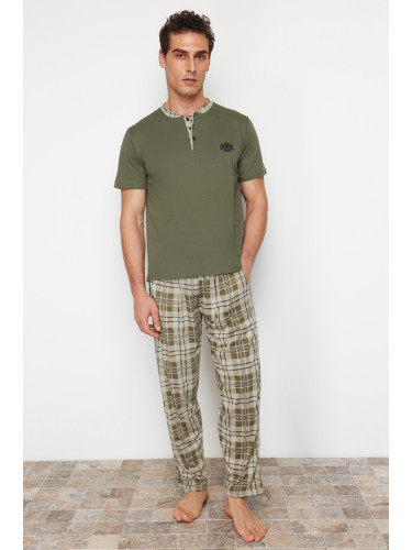 Trendyol Men's Khaki Regular Fit Plaid Knitted Pajama Set