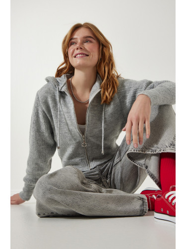 Happiness İstanbul Women's Gray Hooded Zipper Knitwear Cardigan