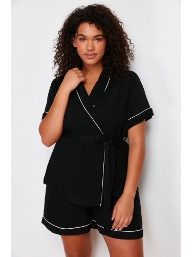 Trendyol Curve Black Tie and Piping Detailed Woven Pajamas Set