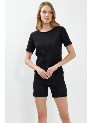 armonika Women's Black Corded Short Sleeve Shorts Pajamas Set