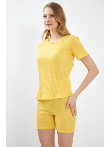 armonika Women's Yellow Corded Short Sleeve Shorts Pajamas Set