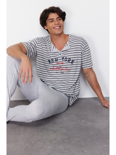 Trendyol Men's Gray Regular Fit Striped Knitted Pajamas Set