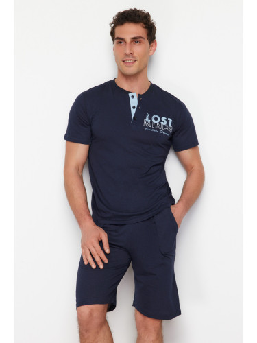 Trendyol Navy Blue Button Collar Regular Fit Pajama Set with Knitted Shorts