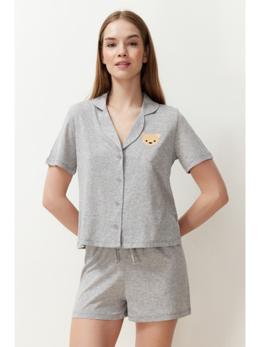 Trendyol Gray Melange Cotton Teddy Bear Embroidered Shirt-Shorts Knitted Pajamas Set